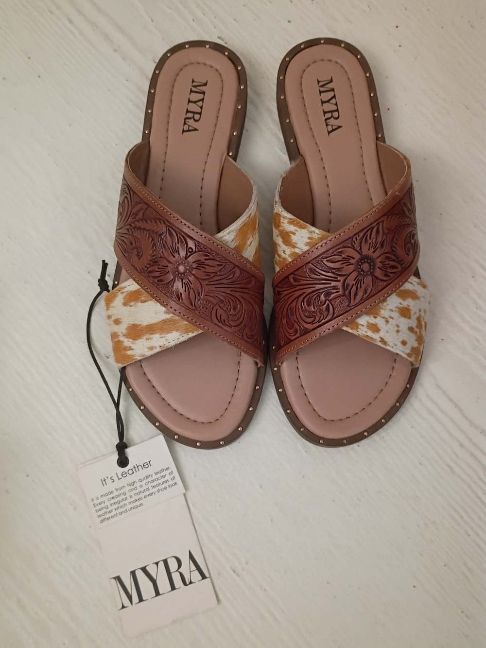 Myra Bag Brown Tooled Leather & Cream Cowhide Slide Sandals